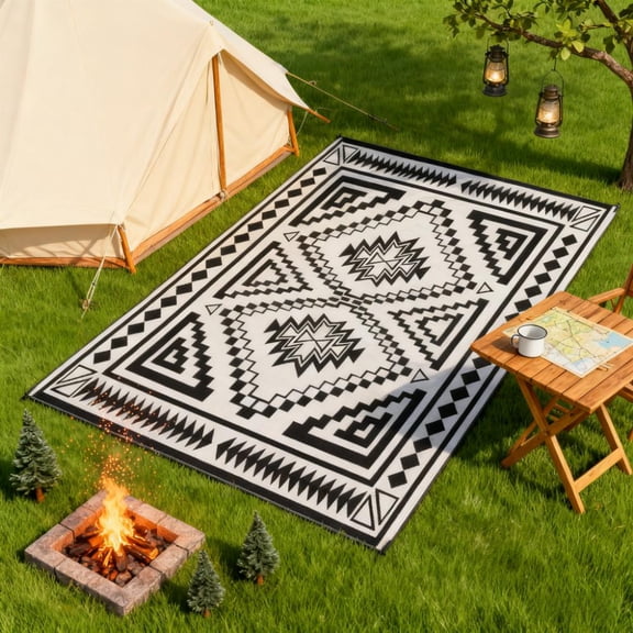 Reversible Outdoor Rug Waterproof Plastic Straw Patio Rug with Carry Bag, Foldable Outdoor Area Rug for Camping Picnic RV Road Tours Garden Balcony Deck, Black and White Square Patchwork