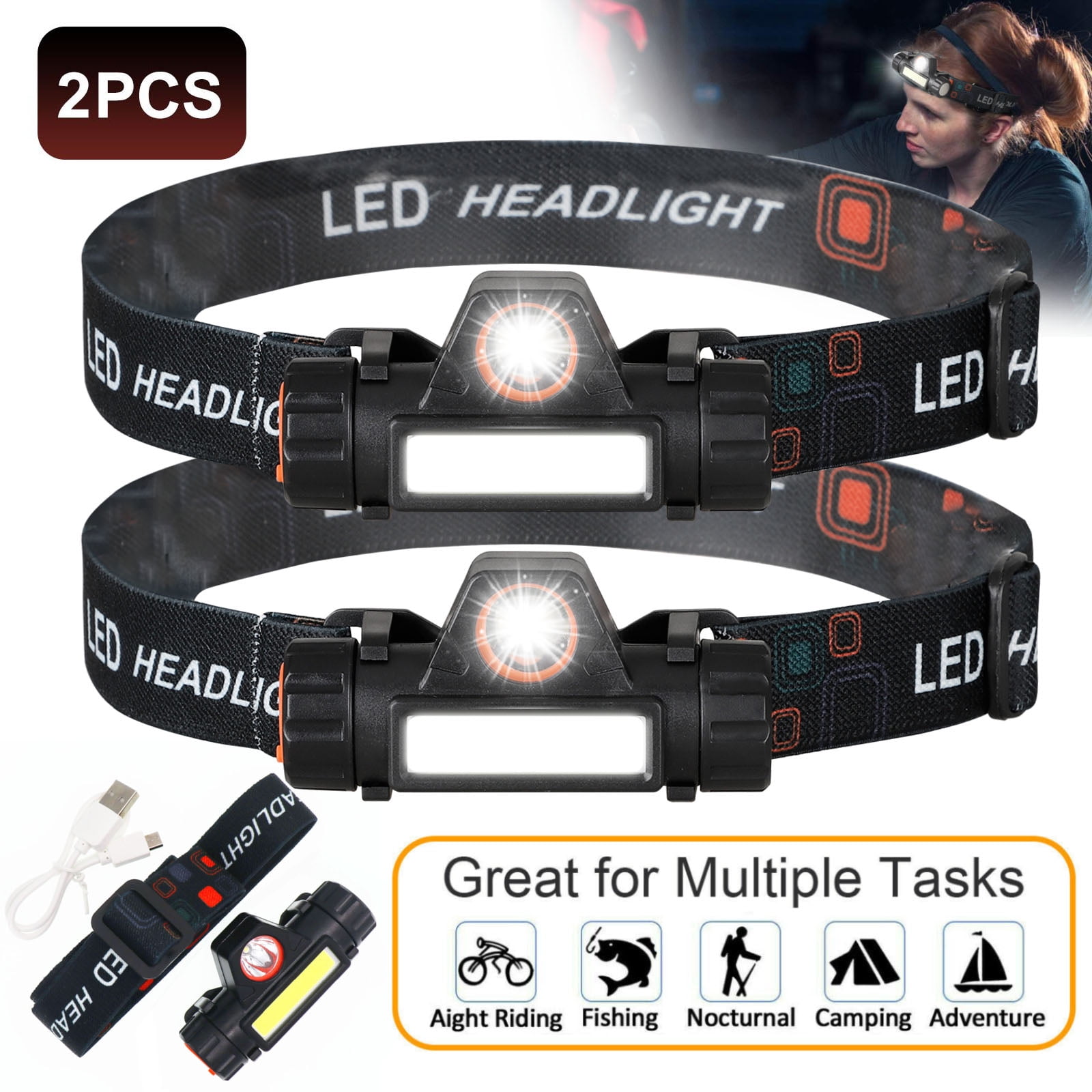 Head Torch Rechargeable 5 Modes Led Headlamp COB Black Night Headlamps 230°Wide Beam Waterproof Headtorch for Adults Kid Camping Accessories Hiking Fishing Cycling