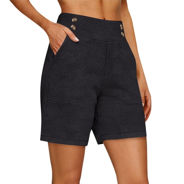 Timegard Summer Shorts for Women Pull on Button High Waist Straight Leg Lightweight Casual Work Shorts with Pockets