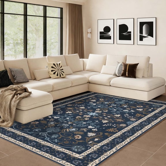 Tuzlier 4x6 Area Rugs for Bedroom, Floral Washable Rug Vintage Soft Non-Slip Carpet for Living Room Nursery Kitchen Bedside Home Decor, Blue