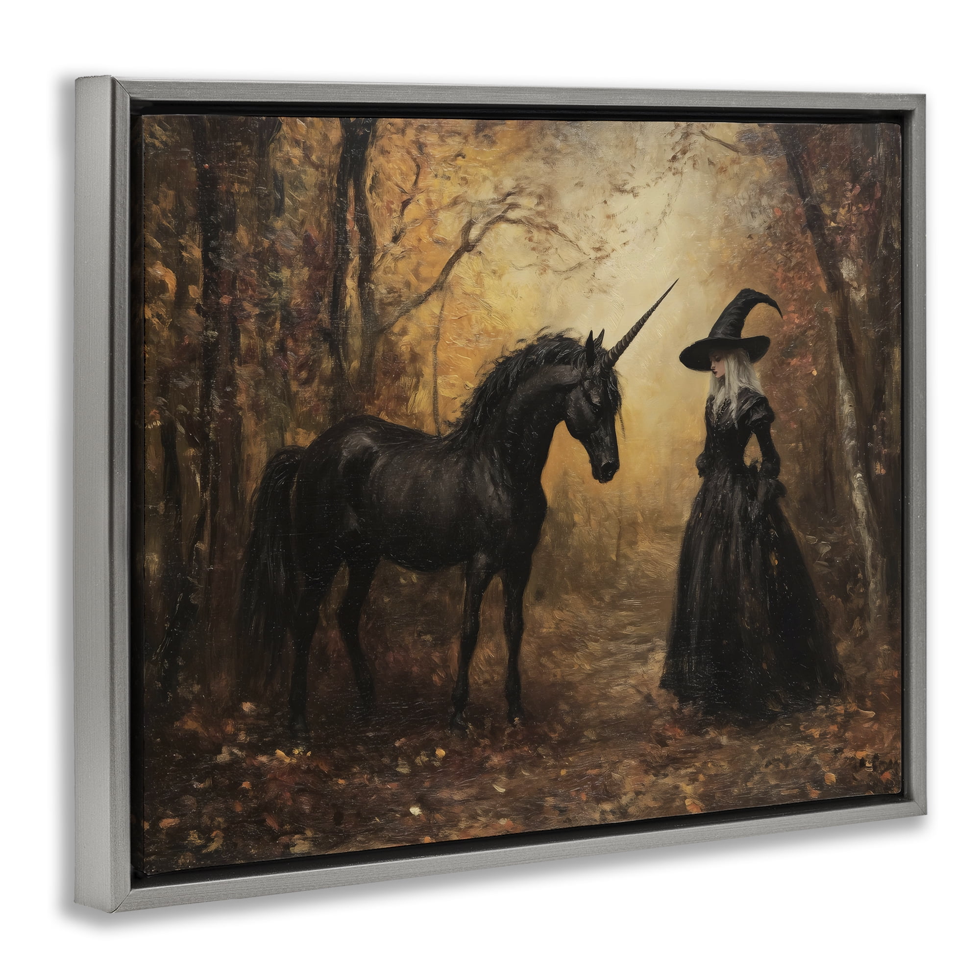 Witch & Black Unicorn Gray Framed Floater Canvas Wall Art, design by Arlington Prints