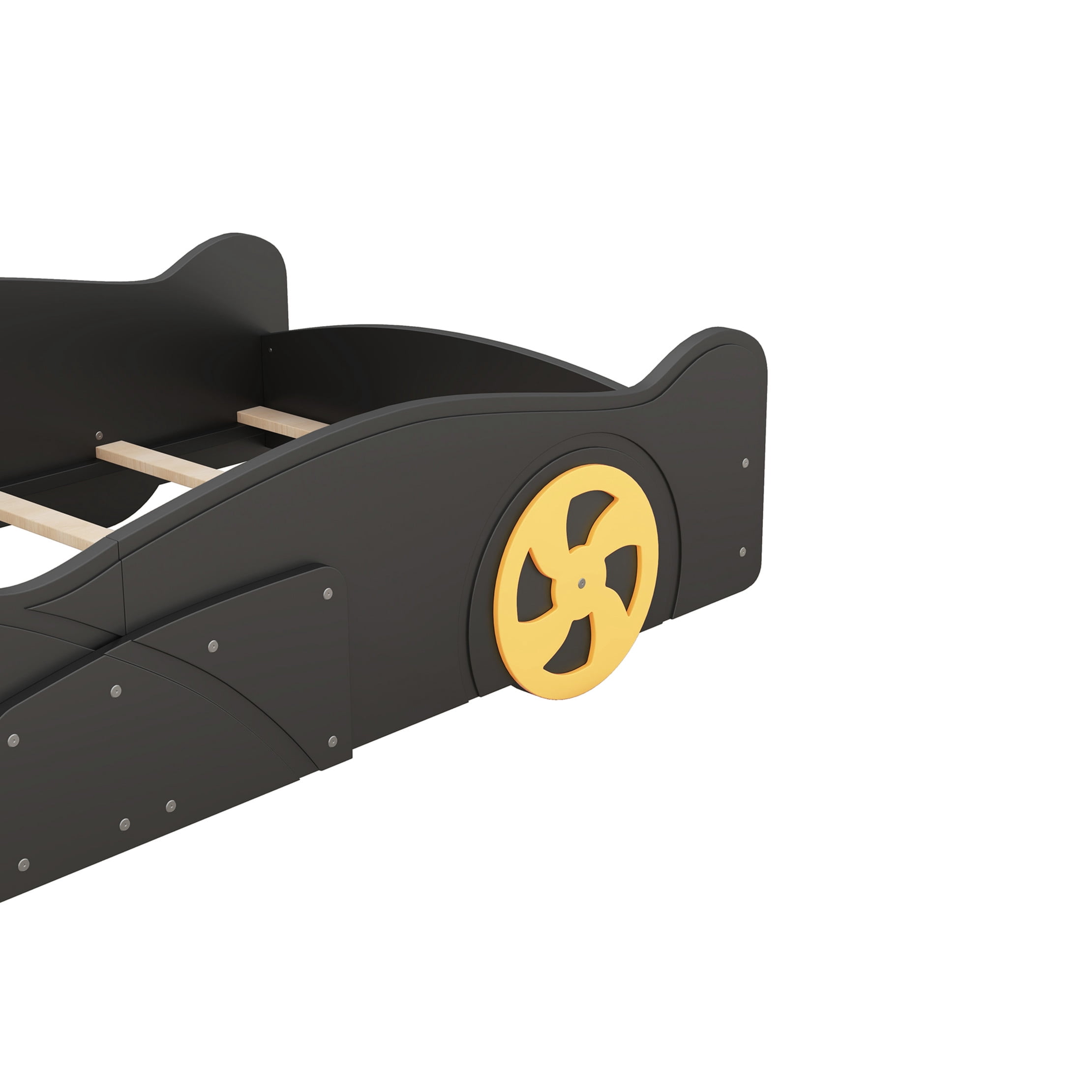 Noble House Devon Twin Size Race Car Platform Bed with Wheels and Storage, Pine Wood Kids Bed, Black