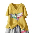 thumbnail image 1 of Pompotops Mode Femmes Imprimé Coton+lin Manches Courtes Col en V Hauts d'Été Blouse T-shirt Liquidation, 1 of 4