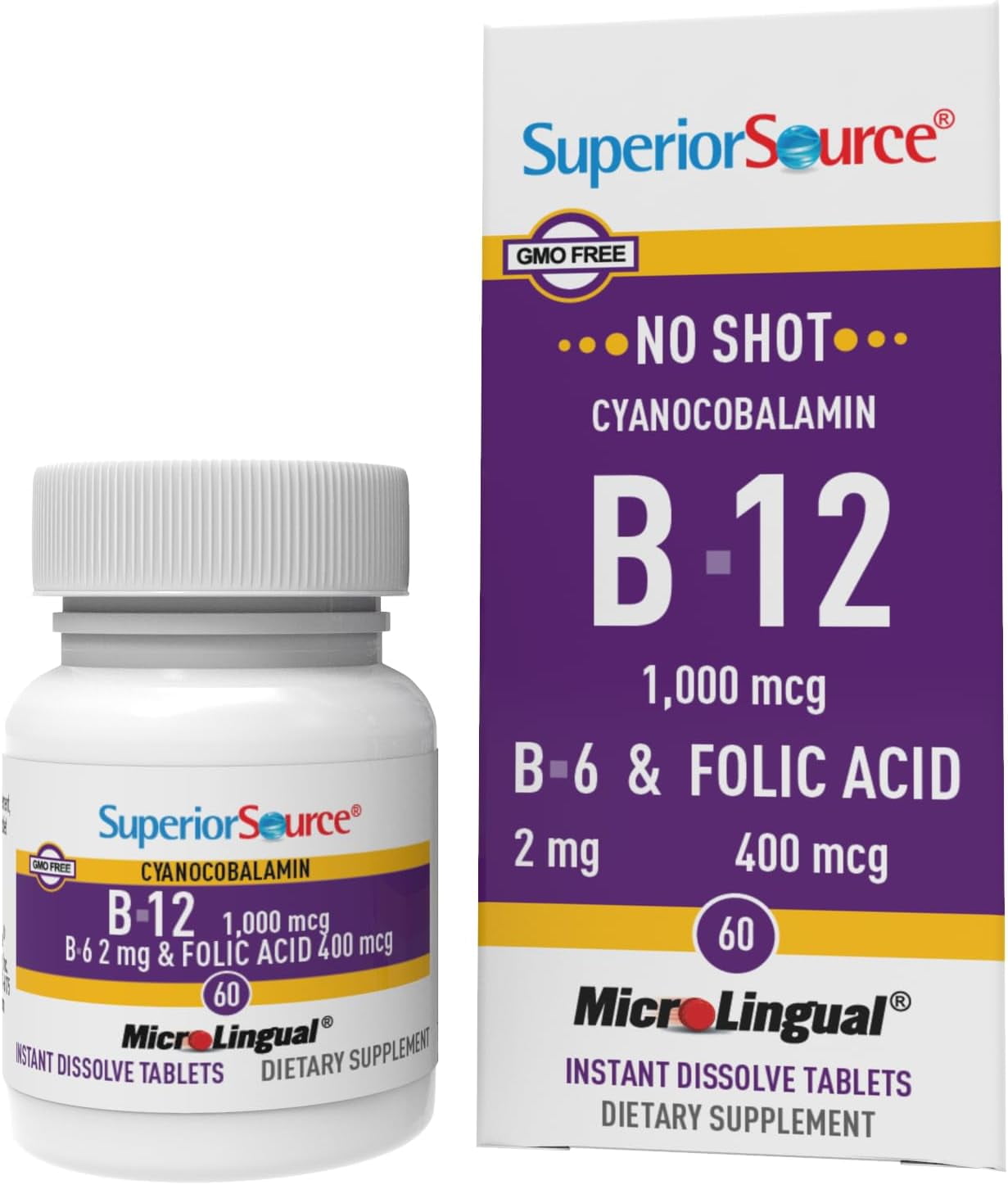 Superior Source No Shot Vitamin B-12 Cyanocobalamin 1000 mcg, B-6, Folic Acid 400 mcg - Support Brain & Heart Health - Aids Natural Energy Levels - 60 Sublingual Dissolving Tablets