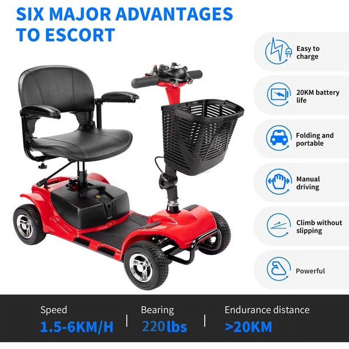 1inchome 4 Wheel Mobility Scooter for Seniors, Folding Electric Powered Wheelchair Device for Adults, Elderly, Gift for Elderly, Red - image 2 of 10