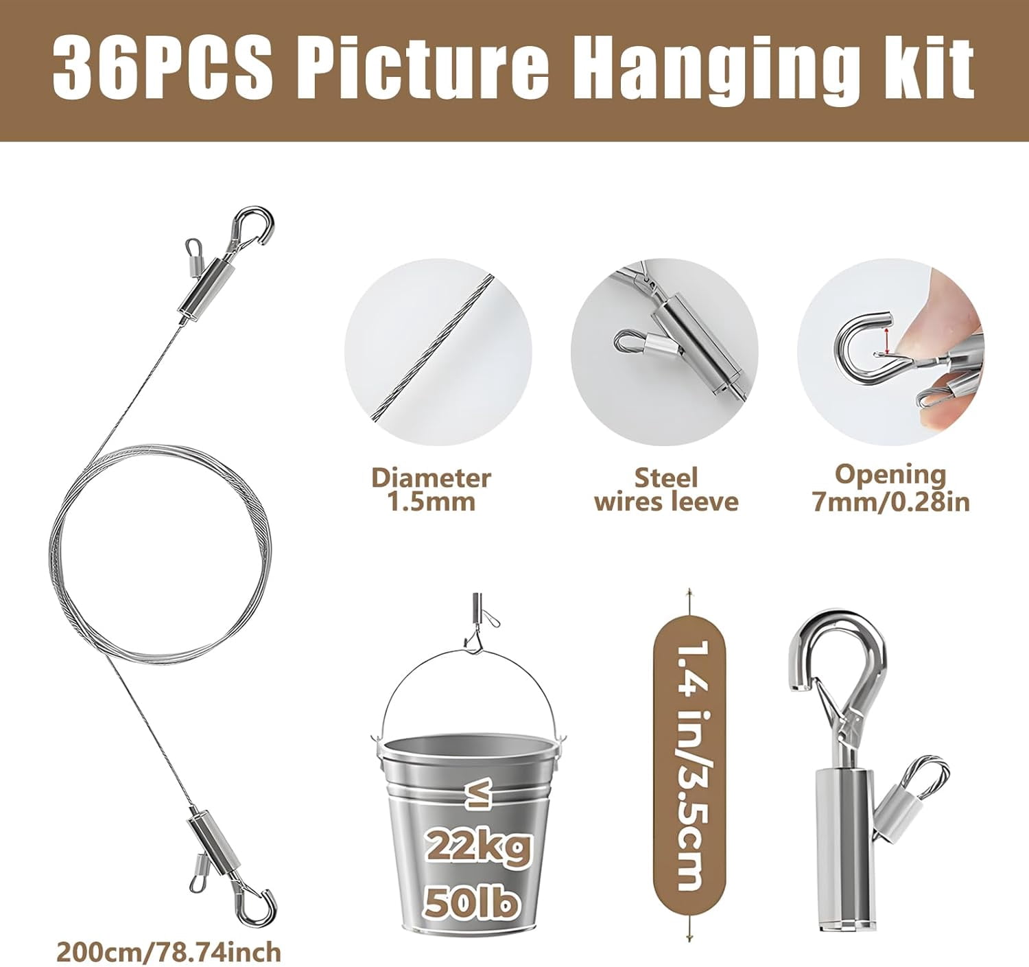 4PCS Picture Hanging Wire Kit, 6.56ft Adjustable Picture Hanging Wire, 3-Hole D Rings Picture Hangers with Screws, 50lbs Heavy Duty for Mirrors, Frames, Canvas Paintings