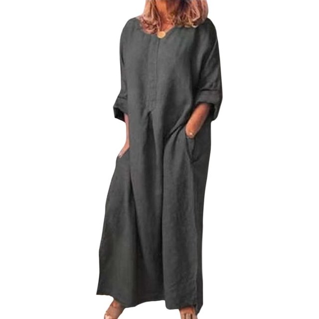CHOK Robe d'Été en Coton et Lin pour Femmes Col Rond Coupe Ample Robe Chemise Unie Grande Taille Lin Décontracté Long Cover Ups