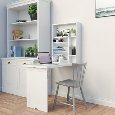 Jaxpety Wall Mounted Foldable Desk, Convertible Desk for Home Office, Space Saving Desk, Table with Book Storage, White