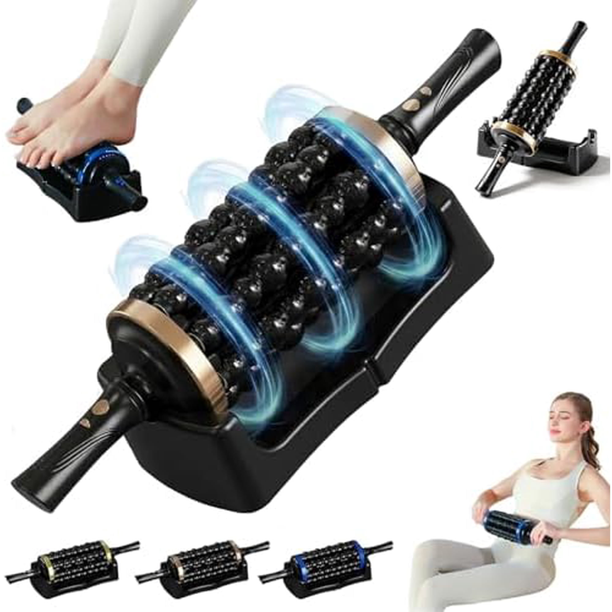 Electric Rolling Percussion Massager with Hands-Free Base, Rechargeable Roller Stick for Back, Legs, Feet. Adjustable Intensity Tool for Muscle Relaxation & Exercise Recovery (Rose Gold)