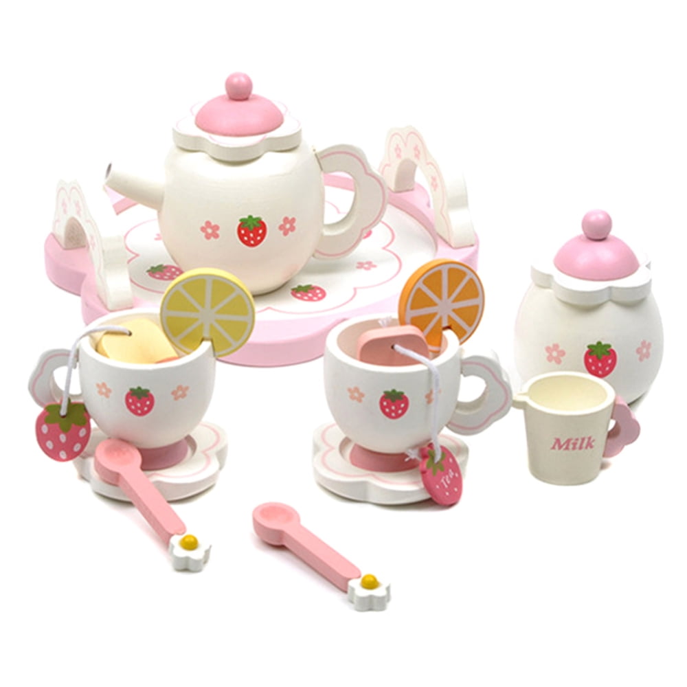 Wooden Mini Tea Set Toy Cup Teapots Tray for Children Kids Kitchen Role