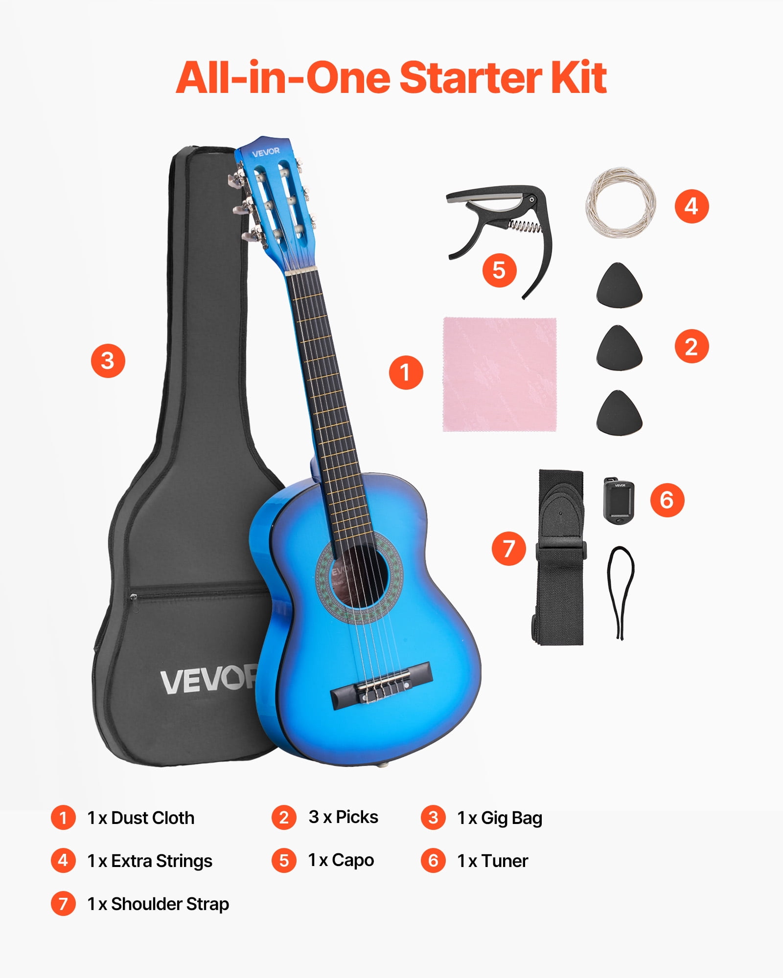 VEVOR 30in Classical Guitar, Wood Guitar Starter Kit for Beginners, with Nylon Strings, Gig Bag, Strap, Tuner, Extra Strings, Picks, Capo, Basswood, for Kids Girls Boys Students, Blue