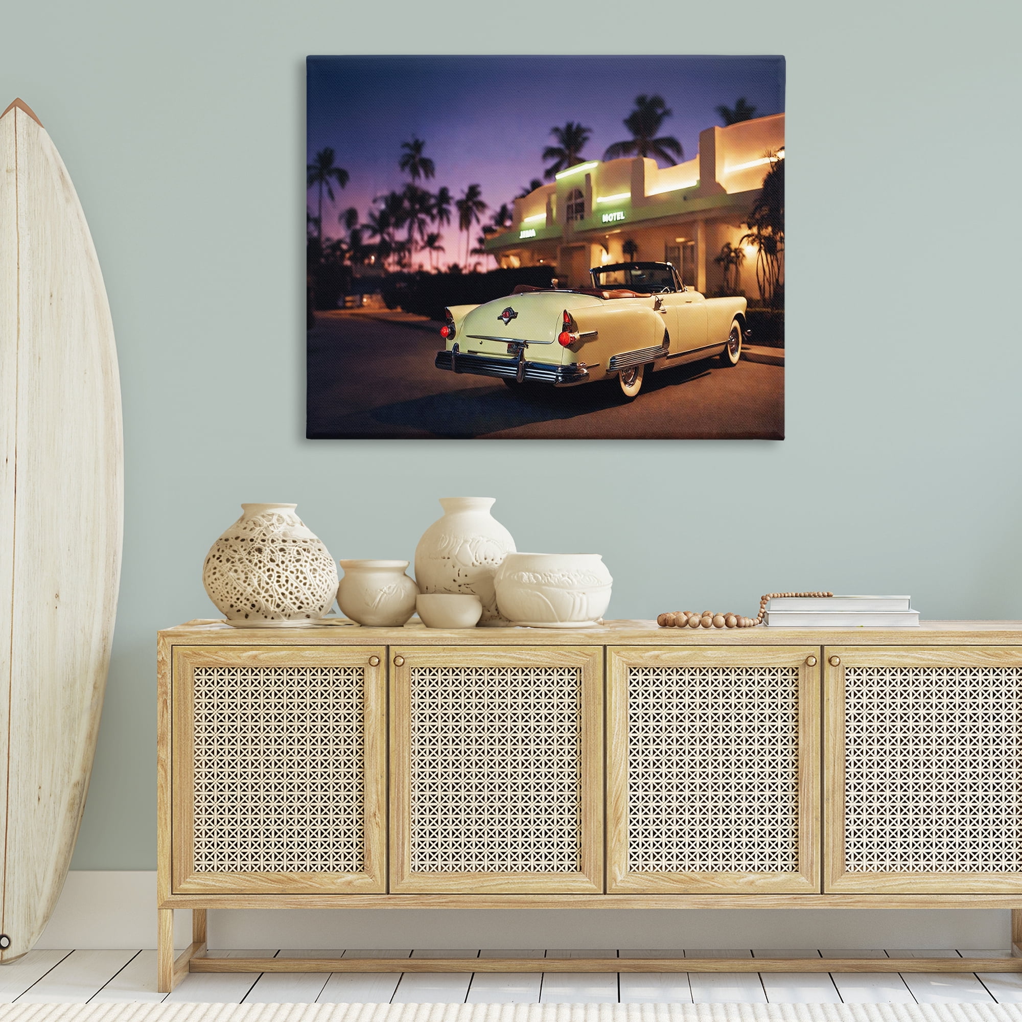 Stupell Industries Antique Car Tropical Motel Transportation Painting Wrapped Canvas Art Print Wall Art, 48 x 36