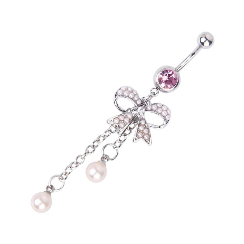 Stylish Cute Butterfly Bow Pearl Dangle Steel Navel Belly Ring Piercing well 