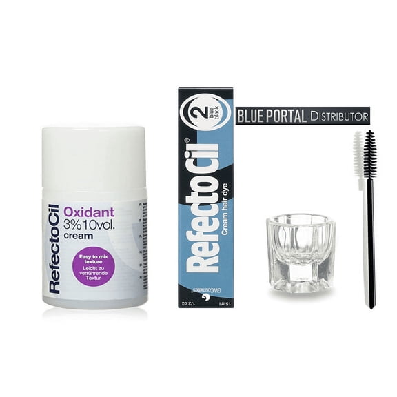Refectocil KIT - BLUE BLACK Cream Brow Dye + Creme Oxidant 3% 3.4oz + Mixing Dish + Mascara Brush