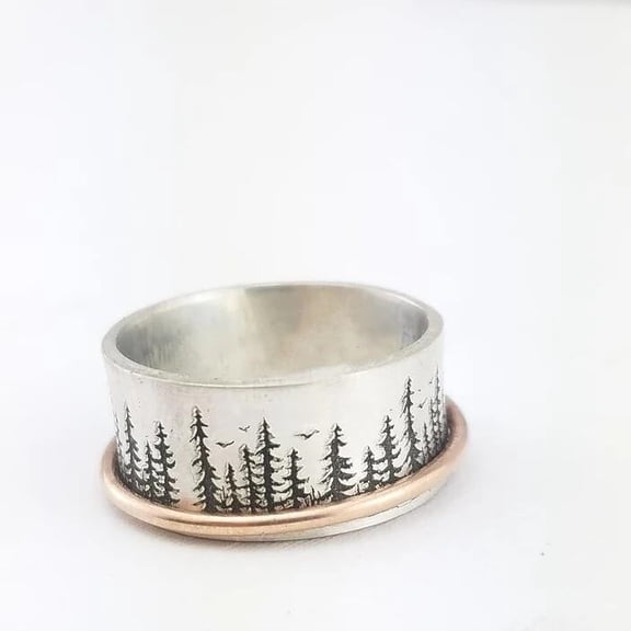 Two Tone Electroplated Antique Silver Rings With Engraved Forest Birds And Geometric Design For Womens Jewelry