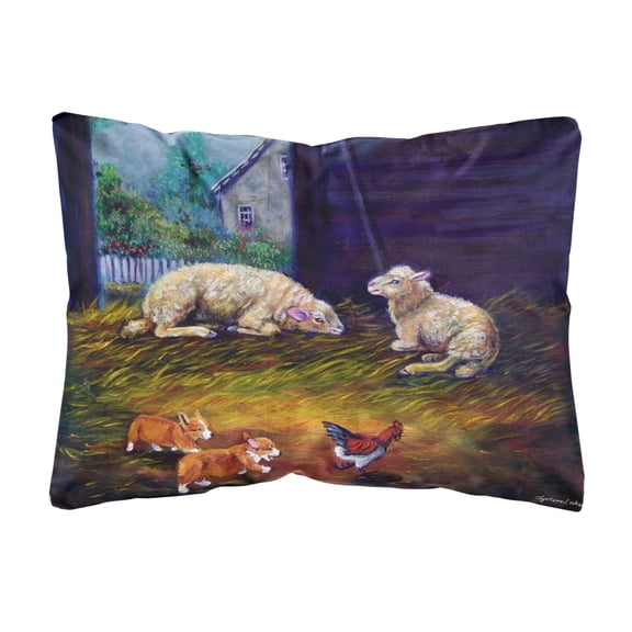 Carolines Treasures 7322PW1216 Corgi Chaos in the barn with sheep Canvas Fabric Decorative Pillow, 12H x16W, multicolor