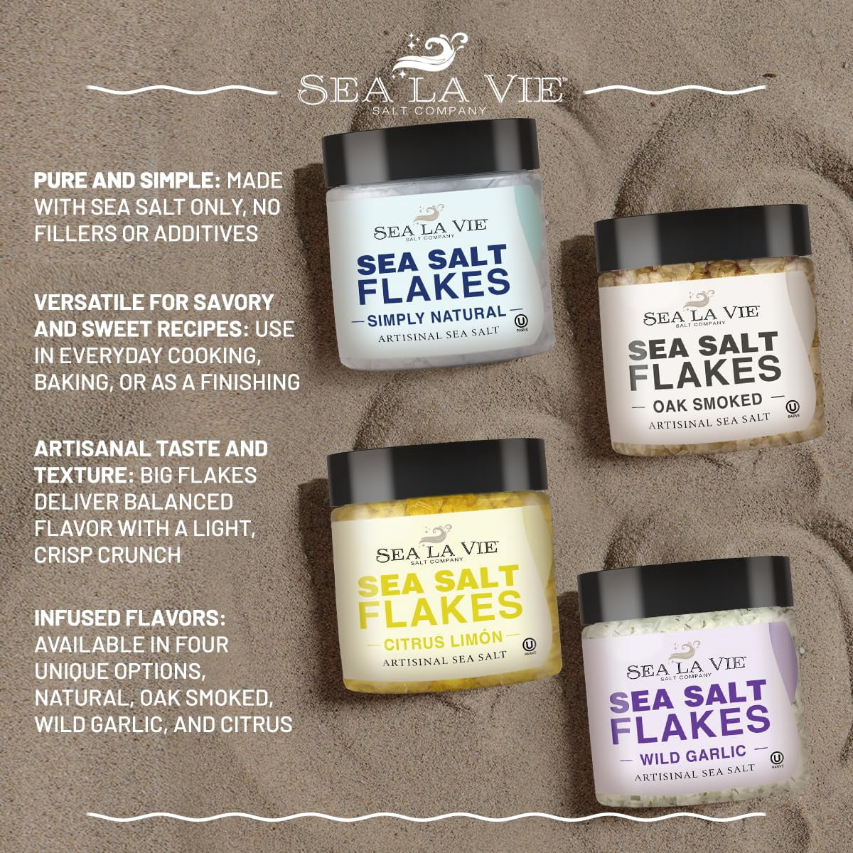 Sea La Vie Artisanal Sea Salt Flakes, Handcrafted Gourmet Finishing Salt, Kosher, 3.5 oz, 4-Pack