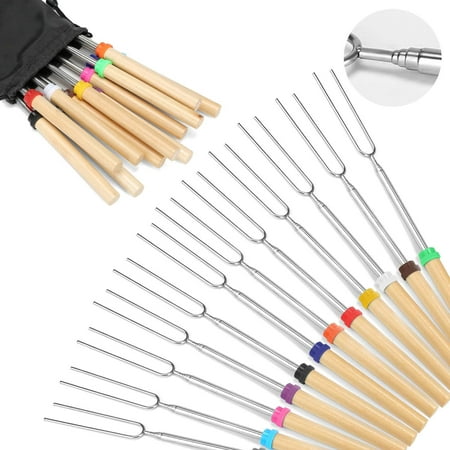 

Clearance! 12 PACKS 32 Marshmallow Roasting Sticks Set of 8 BBQ Skewers Smores & Hot Dog Fork with Wooden Handle and Carrying Pouch Great for Outdoor Barbecue Grill and Campfire Pit