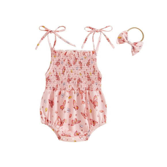 EYIIYE Enfants Bambin Fille Été une Seule Pièce Combinaisons Tenues 0-18M Bébé Bébé Sans Manches Bretelles Cravate Papillon Imprimé Cami Bodysuits et Headbanhion Doux Vêtements Confortables pour la Fête Tous les Jours
