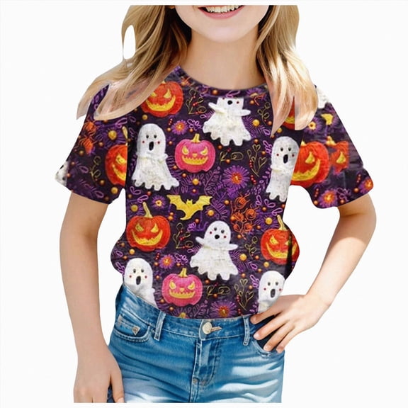 CAICJ98 Halloween Shirts for Kids Boys Girls Pumpkin Short Sleeve Tshirt Ghost Graphic Clothes Tee Tops Halloween Toddler Shirts (Pink,10-11 Years)