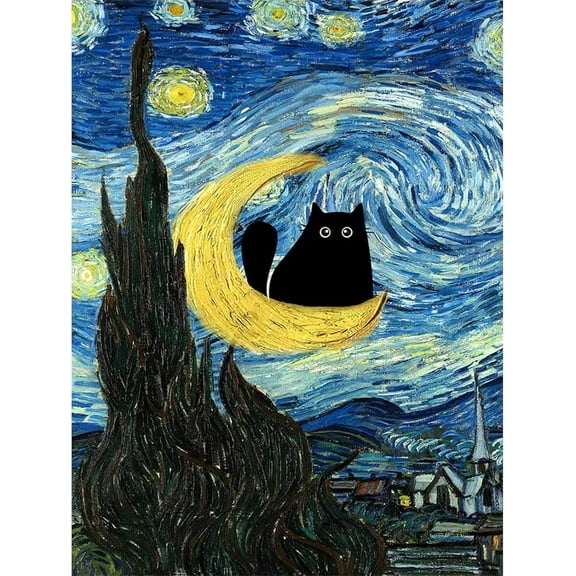 DIY 5D Diamond Painting Kit (For Adults) Diamond Painting "Van Gogh Starry Night Cat" - Full Diamond Crystal Rhinestone Embroidery Craft Kit, Can Be Used As Gift, Wall Decoration