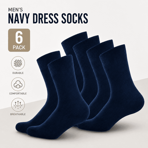 TAVENE 6 Pairs Classic Cotton Polyester Men's Dress Socks, Navy Blue, Cozy Reinforced Socks