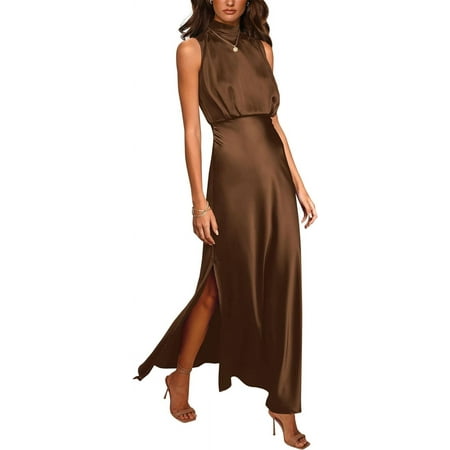 Women Sleeveless Mock Neck Cocktail Dresses Keyhole Elastic Waist Party Wedding Guest Satin High Split Maxi Dress