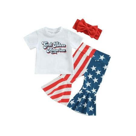 

Independence Day Toddler Girls Clothes Sets Short Sleeve T-shirt Star Striped Flare Pants Headbands 4th of July Outfits