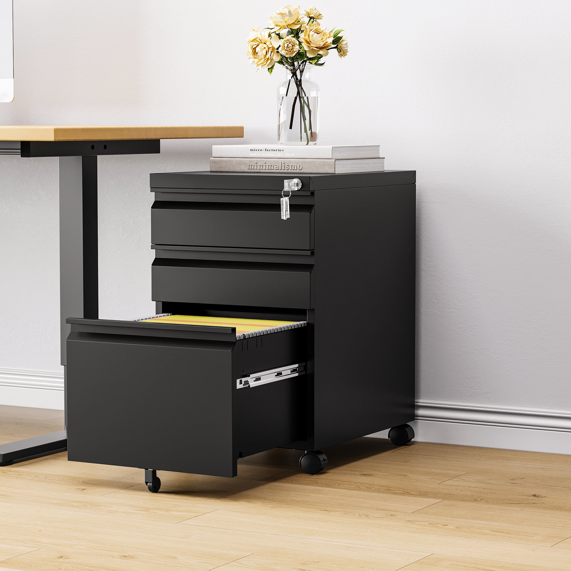 STANI 3 Drawers Mobile File Cabinet, Metal File Cabinets with Lock, Under Desk Rolling Filing Cabinet for Home Office Fit Letter/Legal/A4 Size (Unassembled,Black)