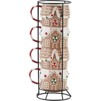 Gingerbread House Stacking Mugs Set – 12.8” Tall Holiday Stoneware Cups for Coffee, Cocoa, Tea – Christmas Collectible Figural Mug Set, Dishwasher & Microwave Safe