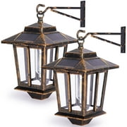 2 Pack Solar Wall Lanterns with 4 Solar Panels, Dusk to Dawn Led Outdoor Wall Sconce , Anti-RZMNEW Waterproof Wall Lanterns Aluminum, 3000K Warm White, Gold Powder Coat + UV Protection