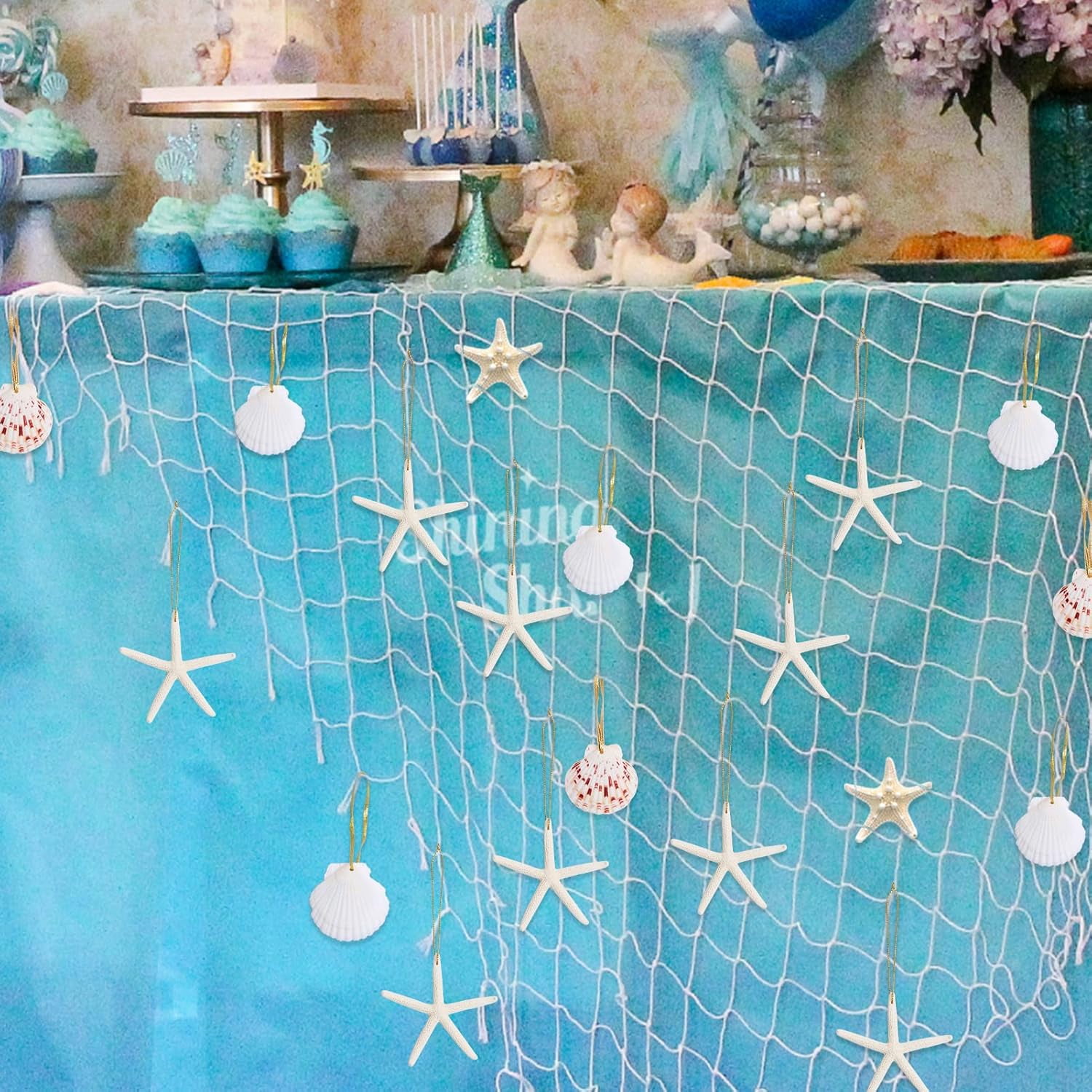 Sinkoo 20pcs Christmas Tree Ornaments, 3"-4" Seashell Starfish Christmas Ornaments for Crafts, Coastal Xmas Hanging Decor for Home Party Wedding