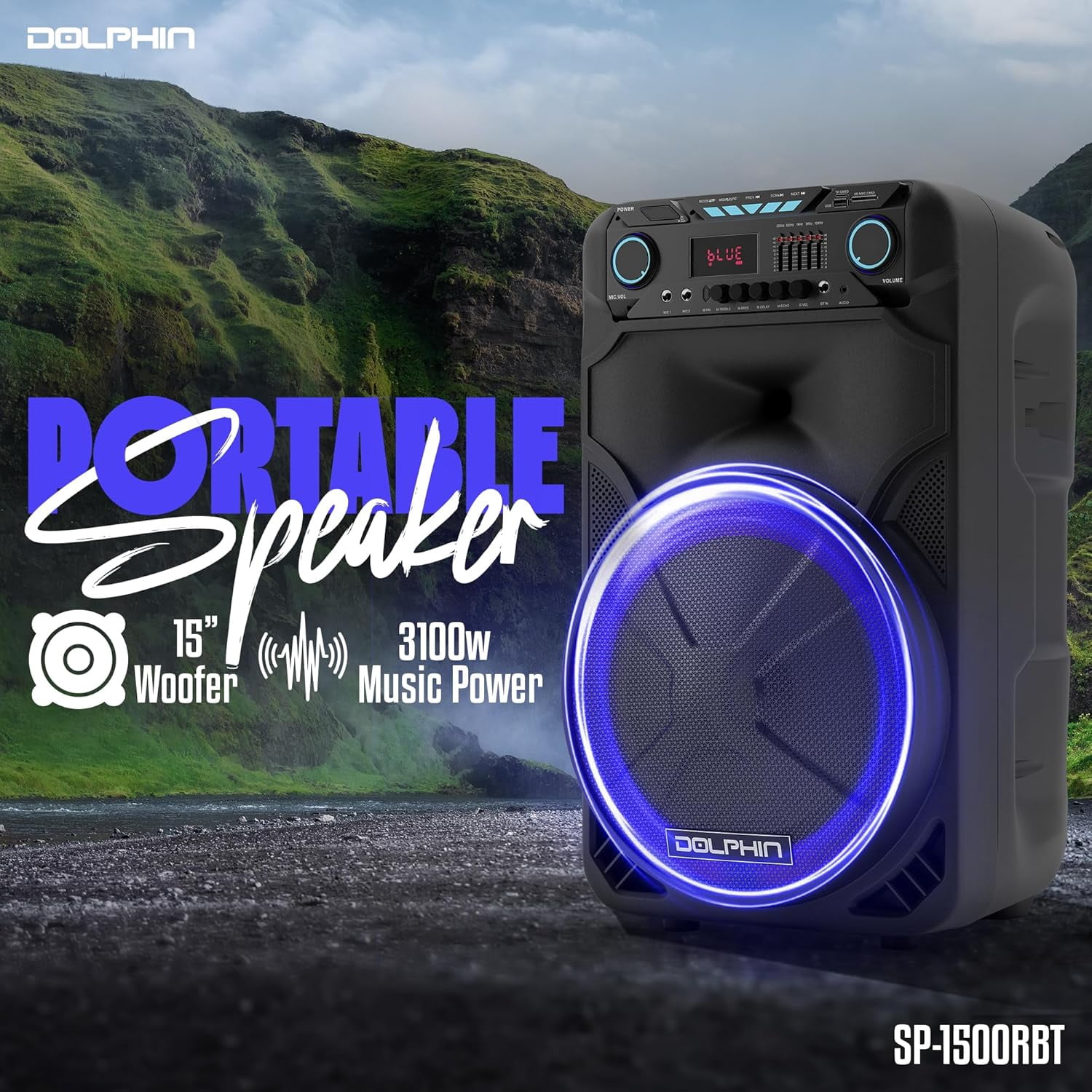 Dolphin SP-1500RBT BoxParty 1500: High Power 15" Woofer w/Loud & DEEP BASS | Portable Party Bluetooth Speaker with Sound Activated Lights