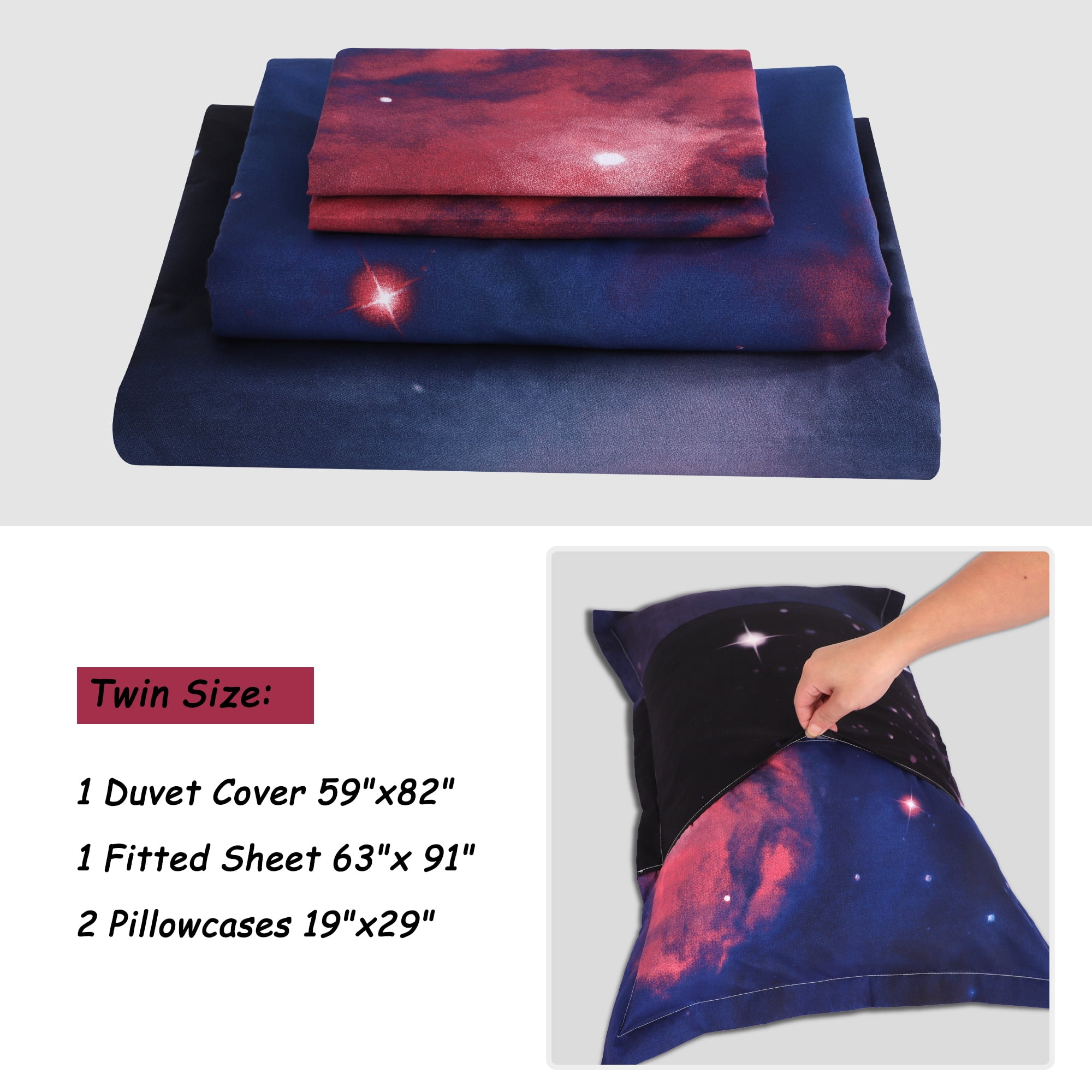PiccoCasa 4Pcs Galaxy Bedding Quilt Duvet Cover Set for Twin Size Bed, Fuchsia
