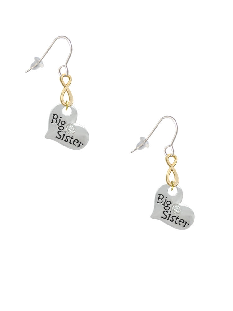 Delight Jewelry Silvertone Large ''Big Sister'' Heart with Clear Crystal Gold Tone Infinity French Earrings