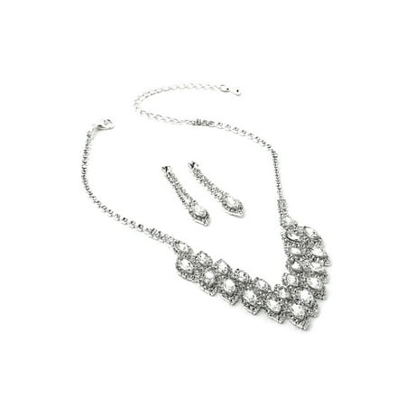 Silver Crystal Rhinestone Long Teardrop Pear Shape Dangle Earrings & 2 Rows Teardrop Shape Rhinestones in V-shape Necklace Jewelry Set