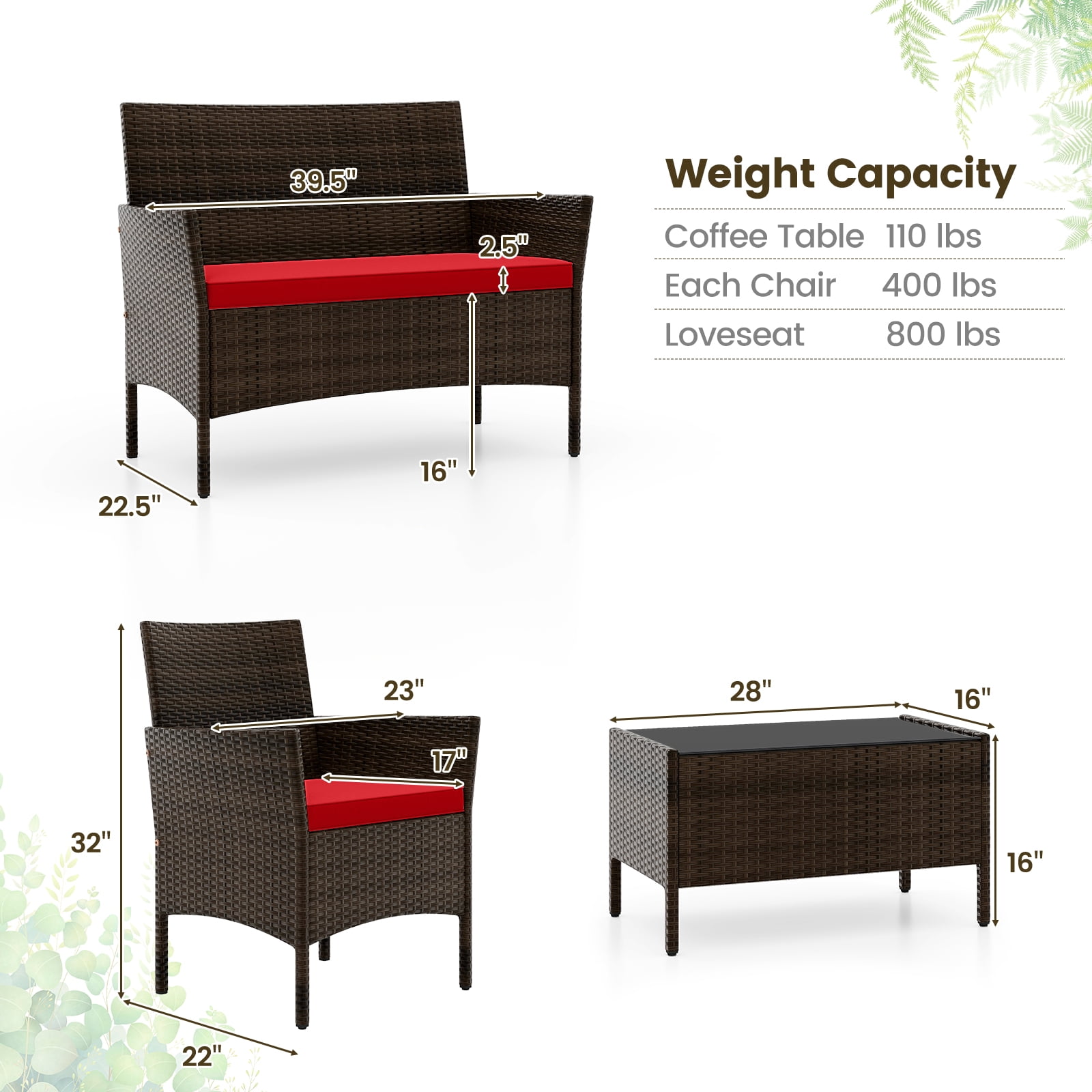 Costway 4PCS Rattan Patio Furniture Set Cushioned Sofa Chair Coffee Table Red