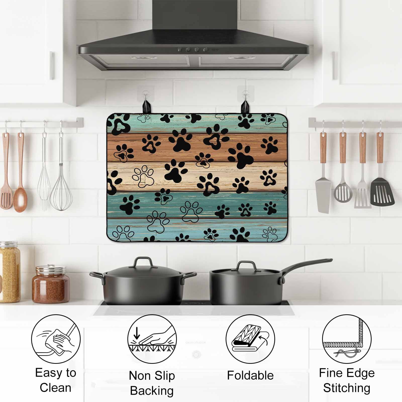 Black Dog Claws Stove Top Cover for Electric Stove, Heat-proof & Non Slip Glass Top Stove Cover Protector, Cat Pets Printed Teal Brown Wood Grain Kitchen Flat Cooktop Rubber Mat 24x21 Inches