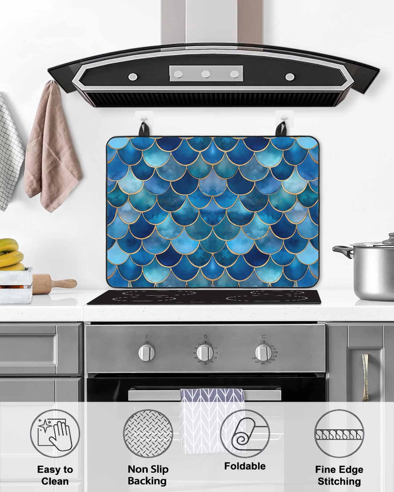 nqOlkjepod Large Induction Cooktop Protector Mat 36"x21", Blue Ombre Scale Stove Top Covers for Electric Stove, Abstract Art Ocean Coastal Decorative Stove Burner Cover Mats, Glass Top Stove Cover