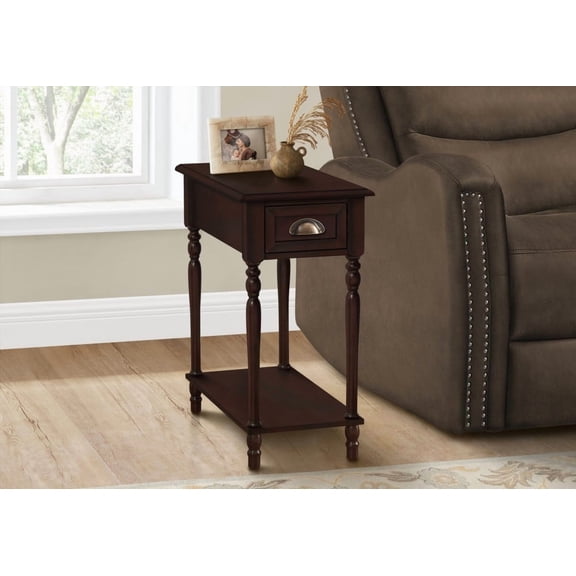 2 Tier Accent Table with Storage Drawer, 24 Inch High, Brown Veneer, Traditional for Bedroom & Living Room