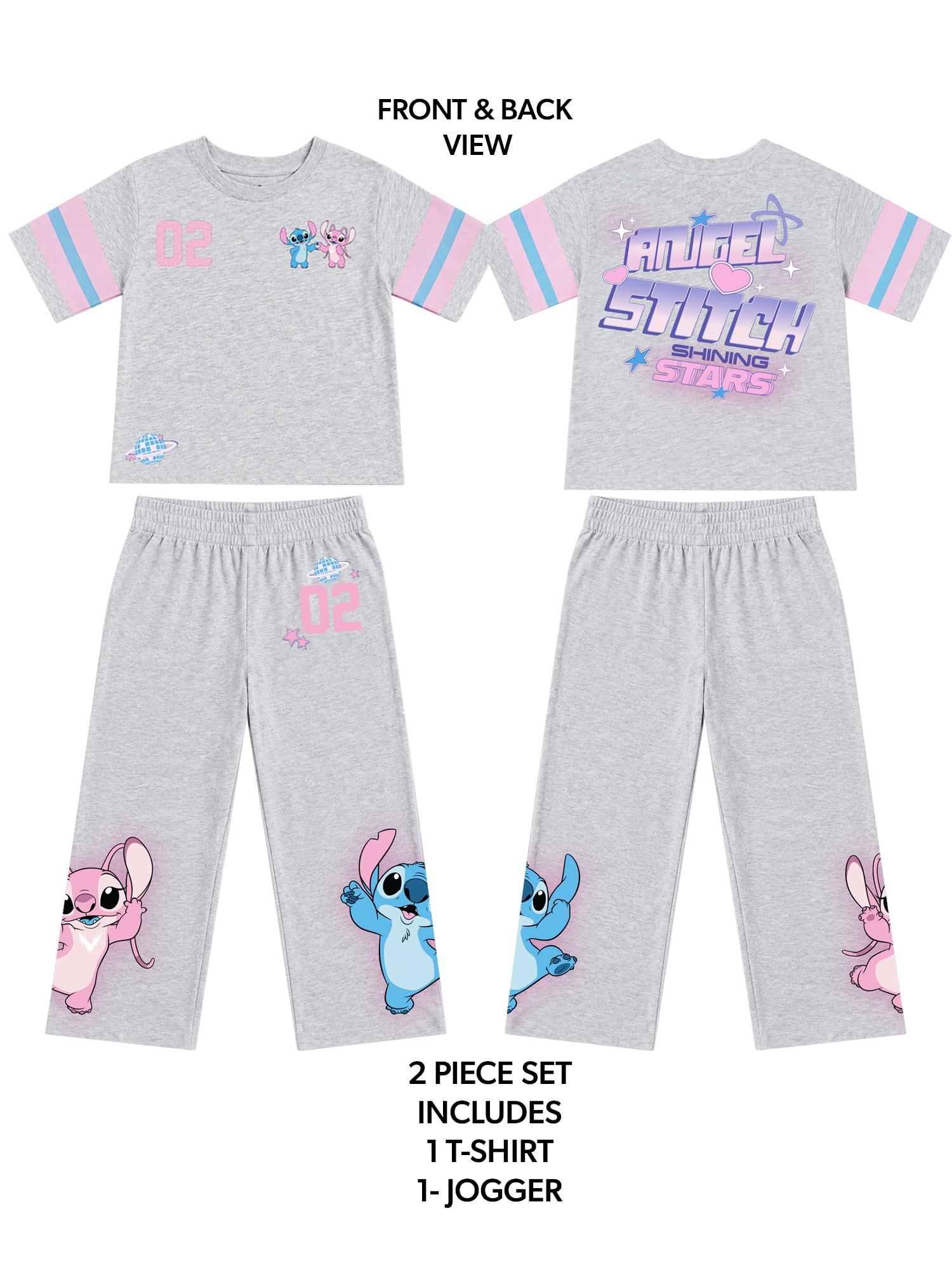 Stitch & Angel Girls' Athletic Front & Back T-shirt with Embroidery & Straight Leg Fleece Pants, 2-Piece, Sizes 4-16