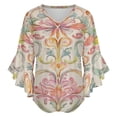 thumbnail image 5 of Pastel Floral Damask Pattern Women's V-Neck Blouse With 3/4 Ruffled Bell Sleeves Casual Top Ladies Blouses, 5 of 7