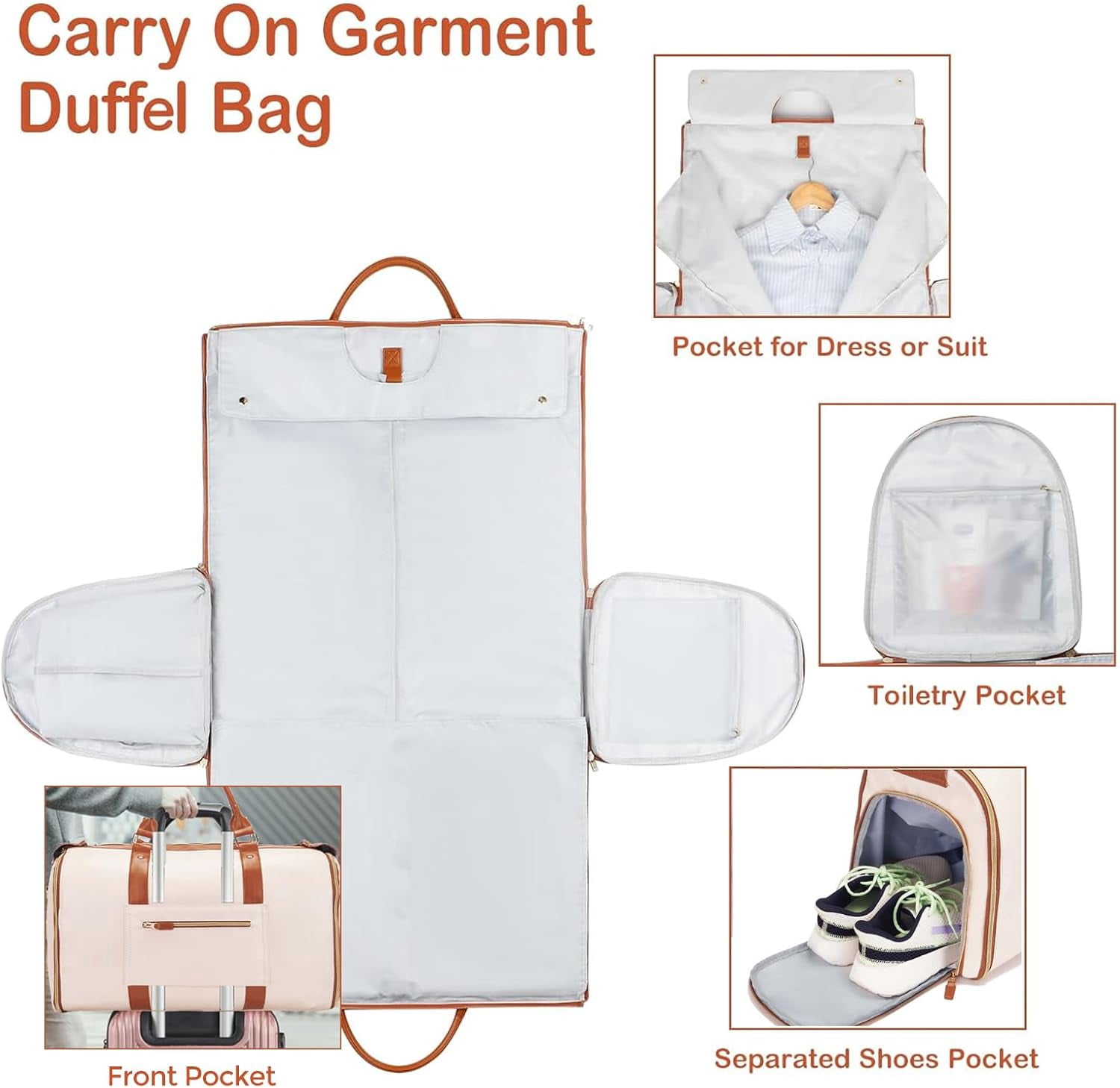 hanging suitcase, travel garment bag, pink weekender, lightweight PU leather, durable shoe pocket, womens adjustable bag, portable user-friendly design, spacious storage compartment