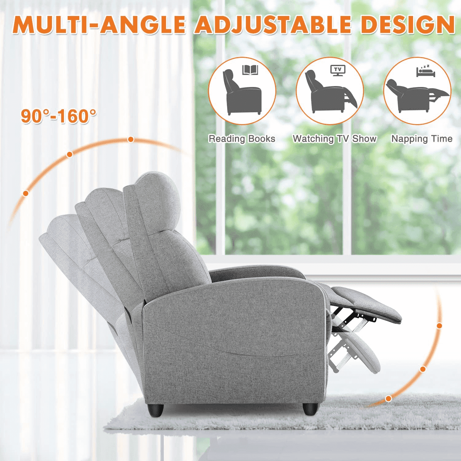 MAYEERTY Manual Recliner Chair Single Sofa, Massage and Heating, Adjustable Backrest, Leather Casual Chair for Living Room