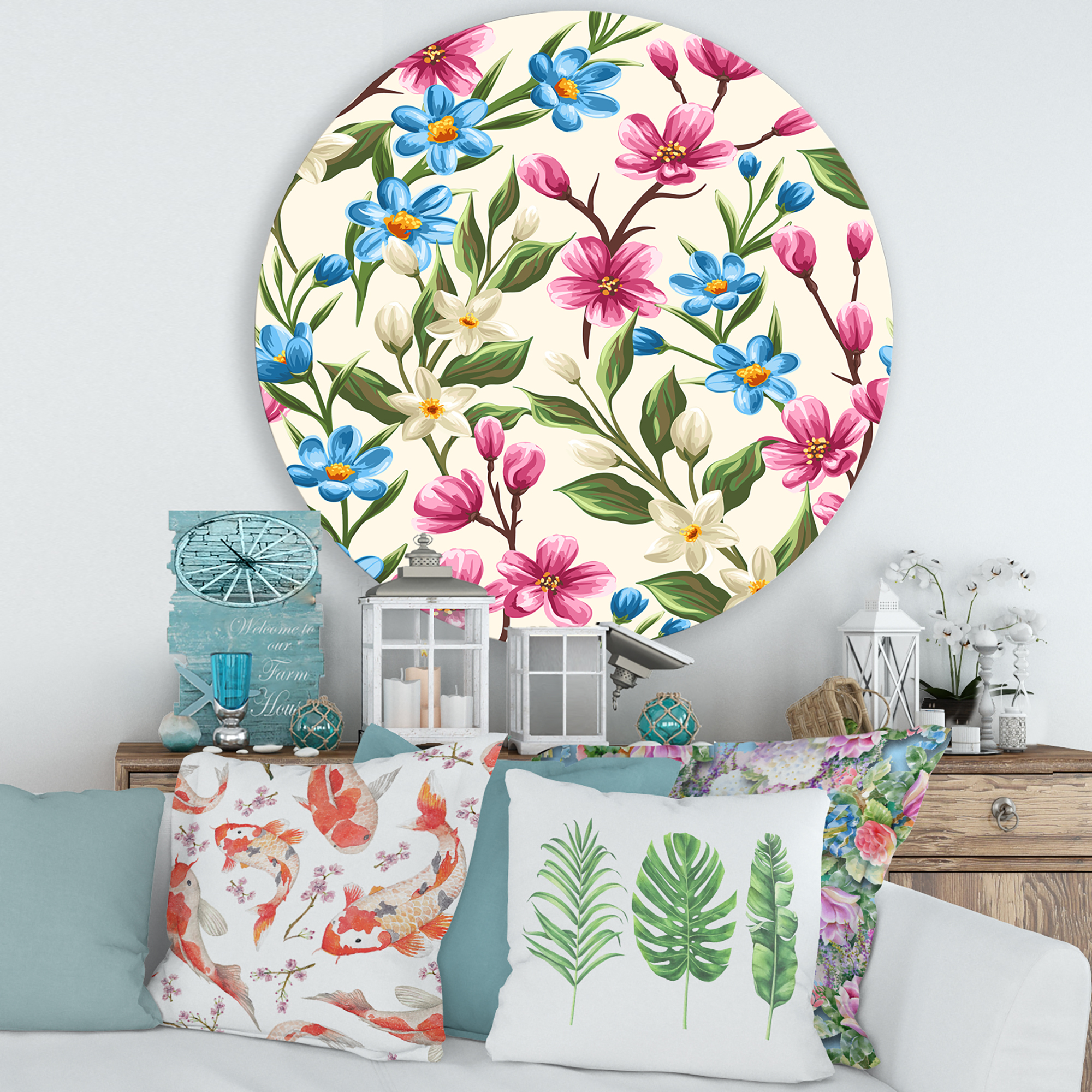 Designart 'Vintage Blue and Pink Wildflowers' Traditional Circle Metal Wall Art 29x29 - Disc of 29