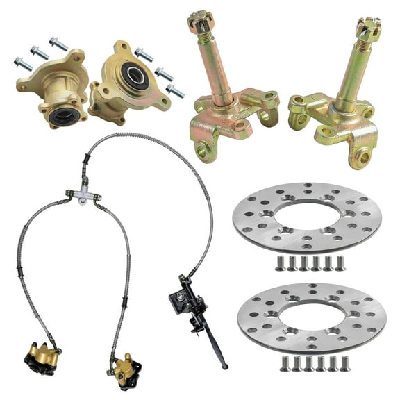 Front Go Kart Steering Knuckle Spindle & 4 Stud Wheel Rim Hub & Hydraulic Brake Caliper Master Cylinder & 110mm Disc Brake Rotor for 70cc 90cc 110cc 125cc 150cc 4 Wheeler Buggy ATV Quad Bike