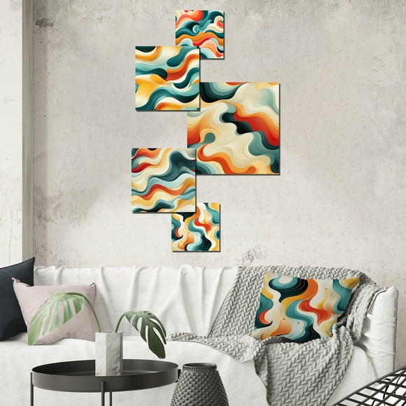 Designart "Reviving Waves In A Modern Way" Geometric Wall Art Set Of 5 - Teal Mid-Century Living Room Metal Art Set