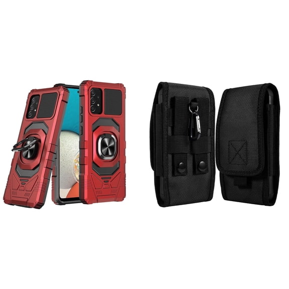 Case with Belt Holster Bundle for Samsung Galaxy A53 5G: Heavy Duty Shield Cover (Red) and Vertical Rugged Nylon Phone Pouch