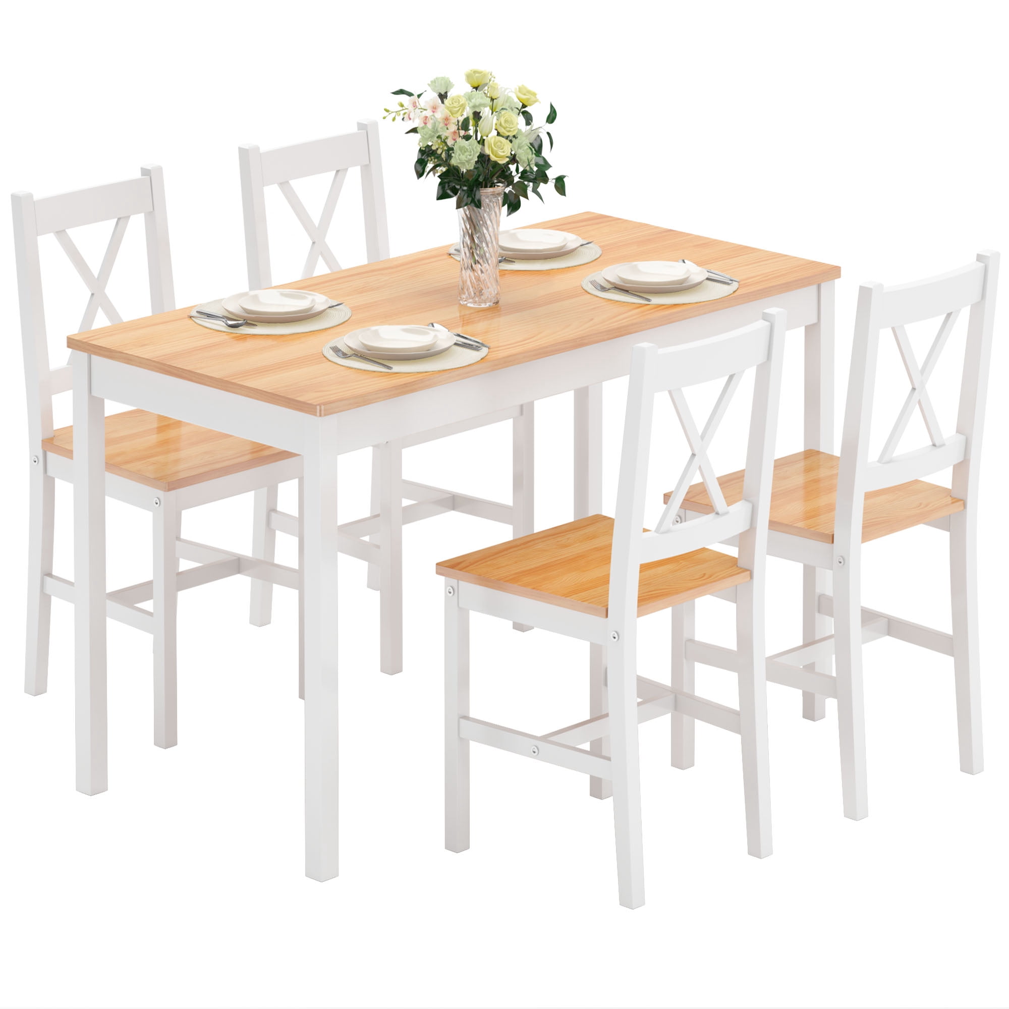 SogesPower 5-Piece Dining Table and Chair Set - Easy Assembly, Solid Pine Wood Board,Suitable for kitchen living room