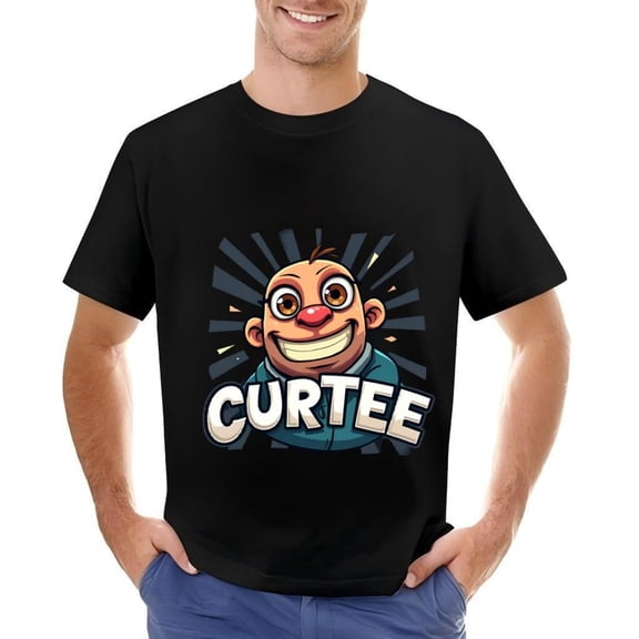Men's Cotton Short Sleeve T-Shirt with Cheerful Cartoon Character Design - Blue Shirt with Energy Lines and Bold ' CURTEE ' Text